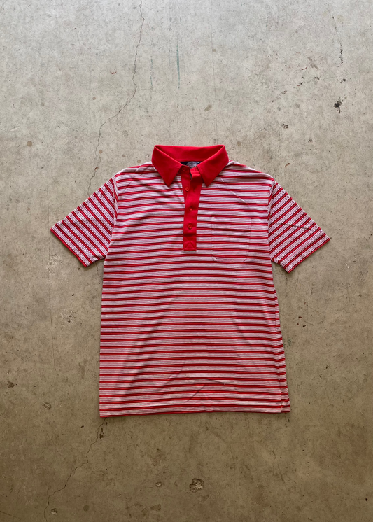 1990S RED STRIPPED SHORT SLEEVE BUTTON UP - M