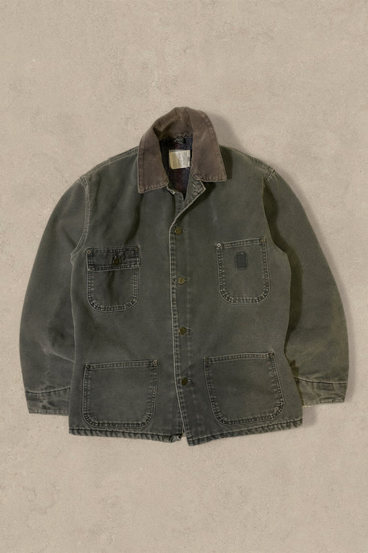 1990S - GREEN FADED CARHARTT CHORE JACKET - S