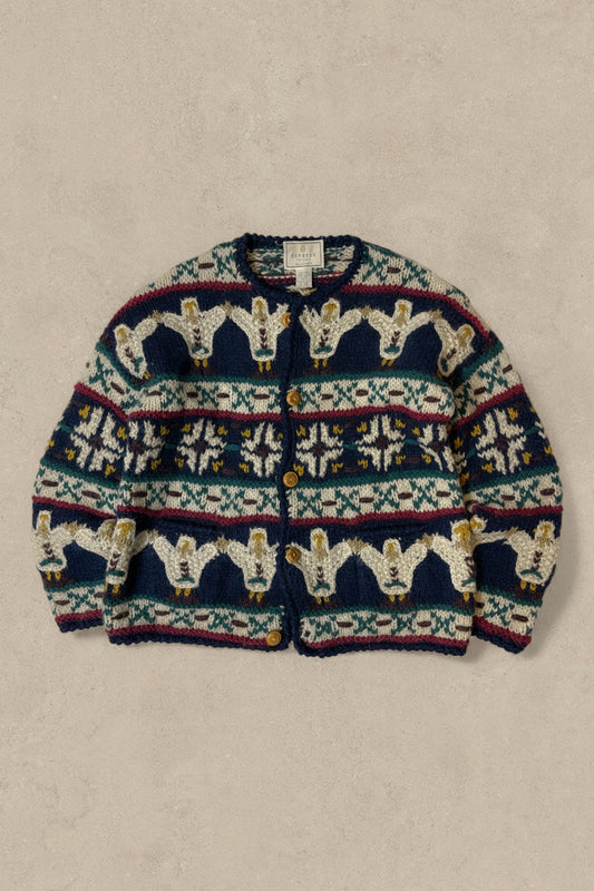 1990S - NAVY/GREEN DUCK WOOL CARDIGAN - XS (W)
