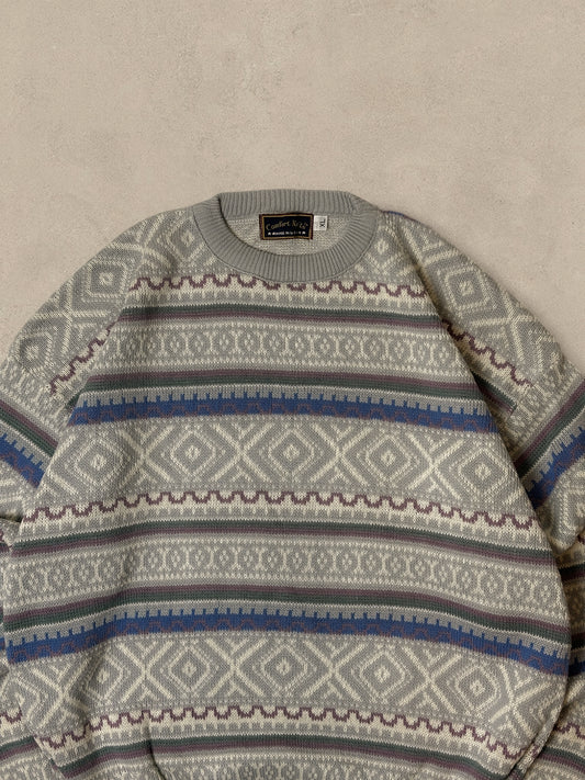 1990S - GREY/BLUE PATTERNED SWEATER - XL
