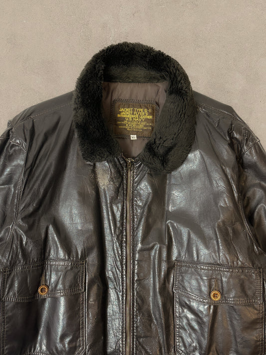 1990S - DISTRESSED BLACK FLIGHT BOMBER JACKET TYPE G-1 - XL