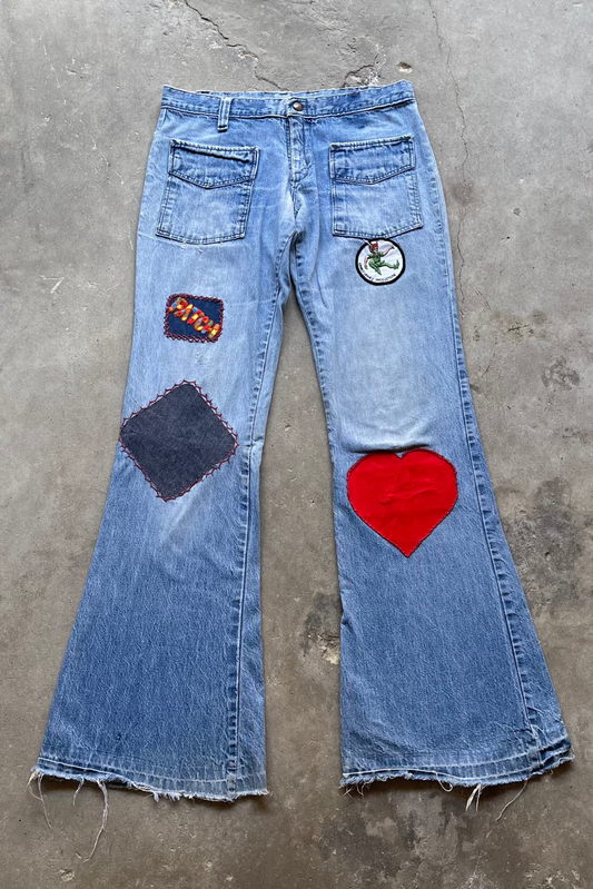 1970S TWO POCKET FLARE DENIM PATCHWORK JEANS - 27X32