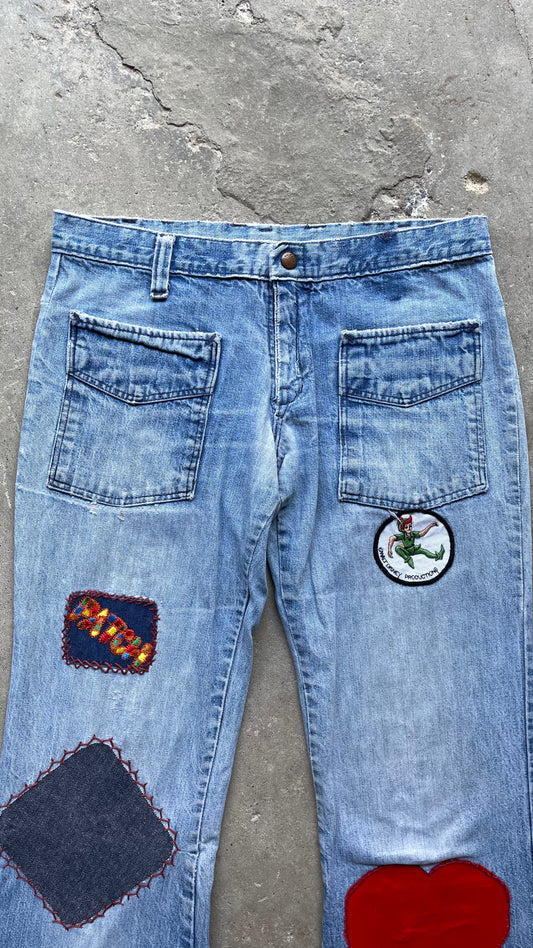 1970S TWO POCKET FLARE DENIM PATCHWORK JEANS - 27X32