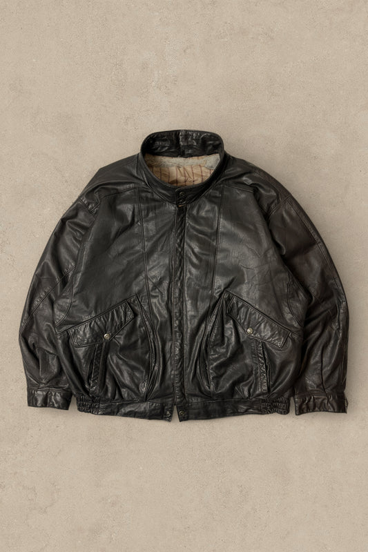 1990S - DISTRESSED BLACK LEATHER JACKET - XL
