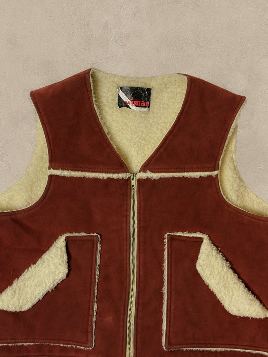 1990S - BURGUNDY SHEARLING SUEDE VEST - L