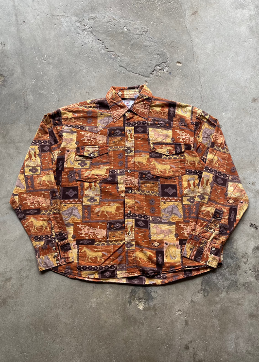 2000S COWBOY HORSE PRINT LONG SLEEVE BUTTON UP - L