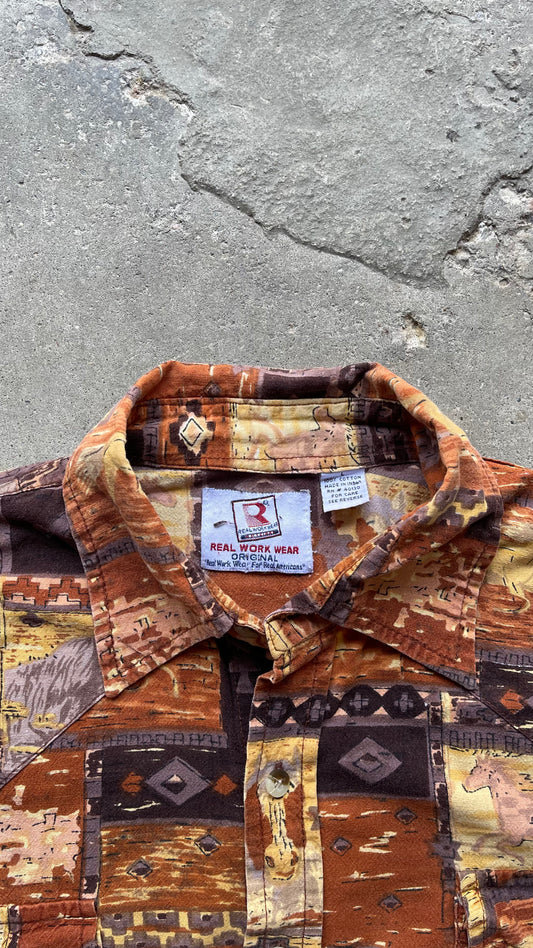 2000S COWBOY HORSE PRINT LONG SLEEVE BUTTON UP - L