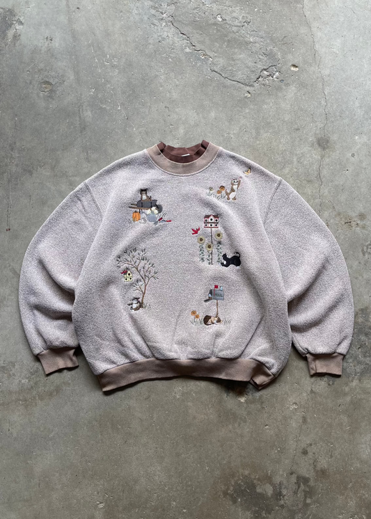 1990S GRANDMA CAT SWEATSHIRT BEIGE - L