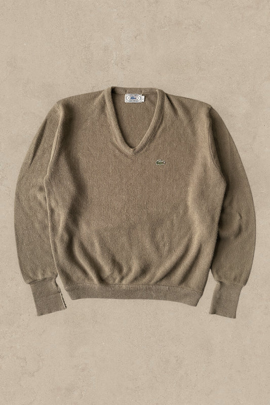 1990S - BROWN IZOD LACOSTE WOOL V SWEATER - L
