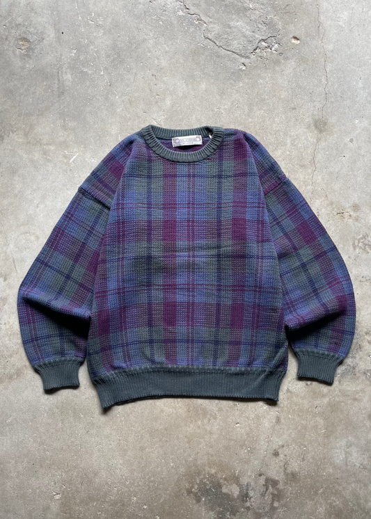 1990S JOHN ASHFORD PLAID KNIT SWEATER - L