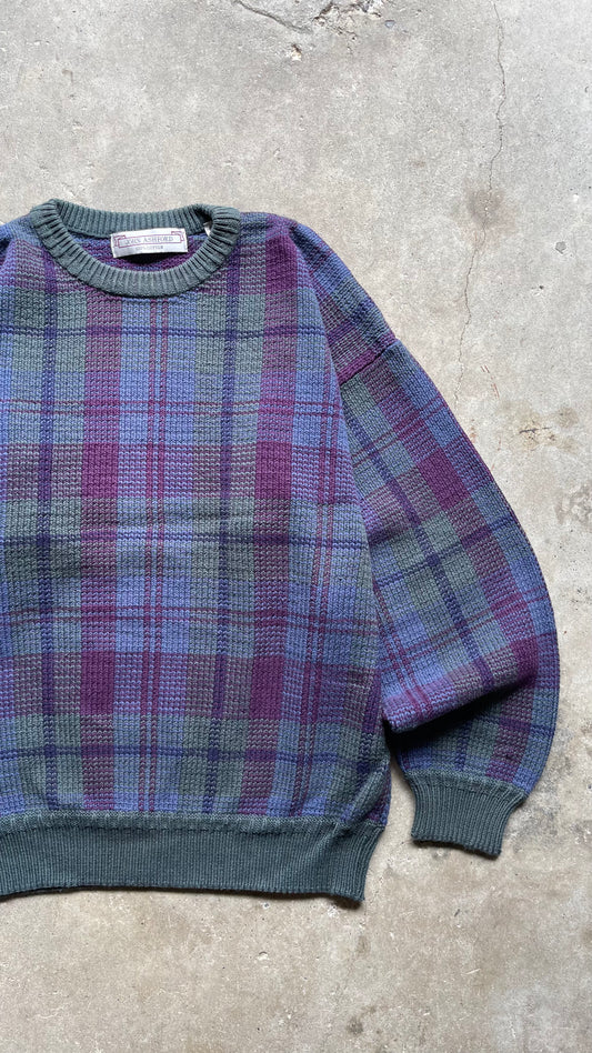 1990S JOHN ASHFORD PLAID KNIT SWEATER - L