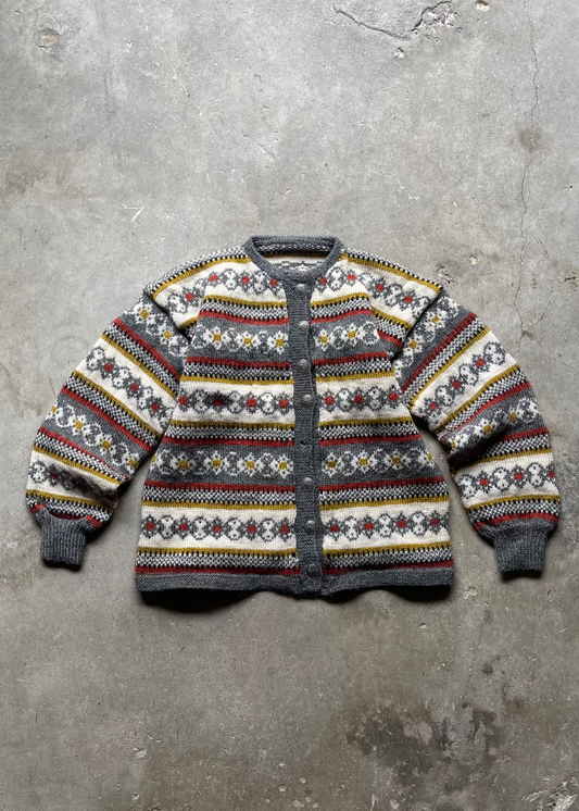 1990S PATTERNED KNIT BUTTON UP SWEATER -