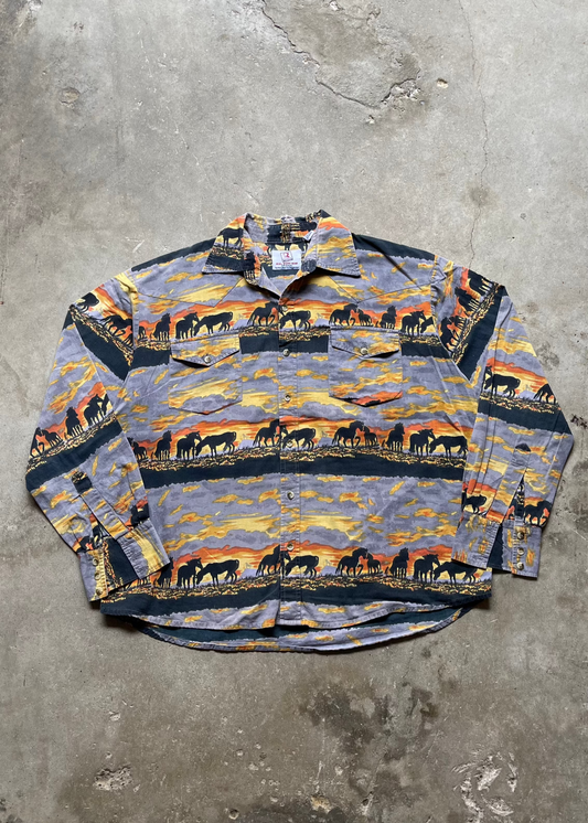 2000S COWBOY HORSE BUTTON UP LONG SLEEVE - L