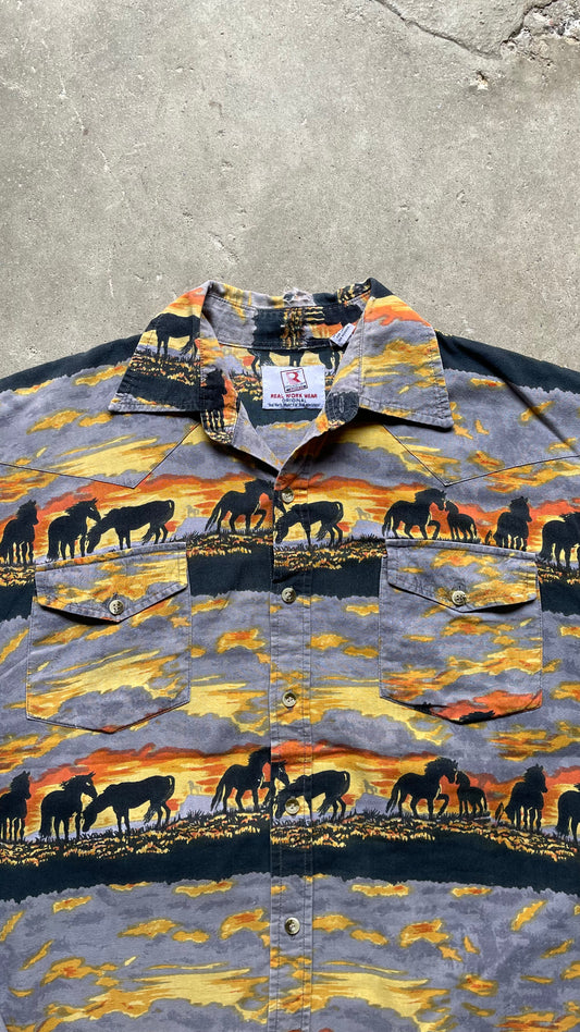 2000S COWBOY HORSE BUTTON UP LONG SLEEVE - L