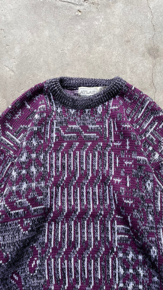 1990S ATLAS PATTERNED KNIT SWEATER PURPLE - L