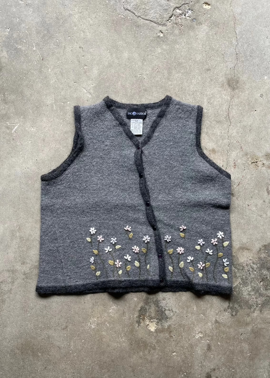 1990S WOOL FLOWER KNIT VEST GREY - XL