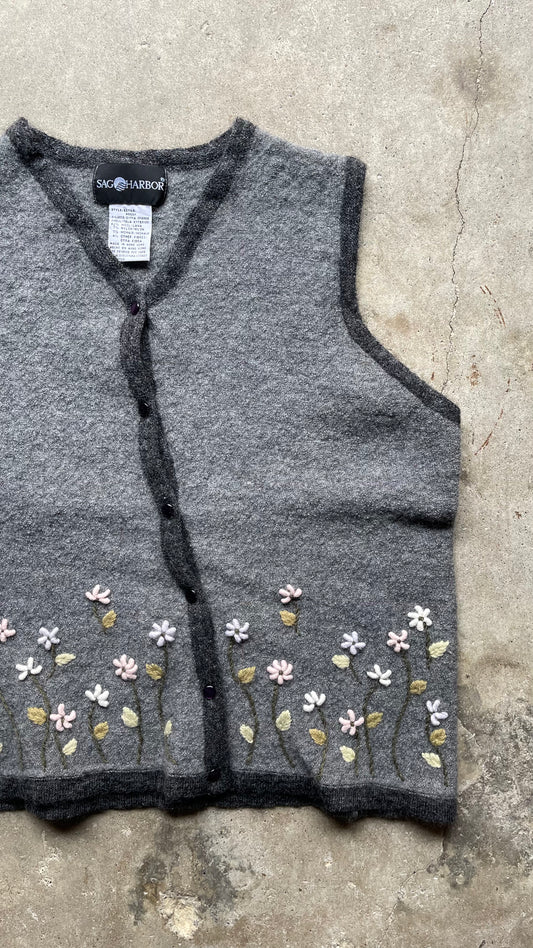 1990S WOOL FLOWER KNIT VEST GREY - XL