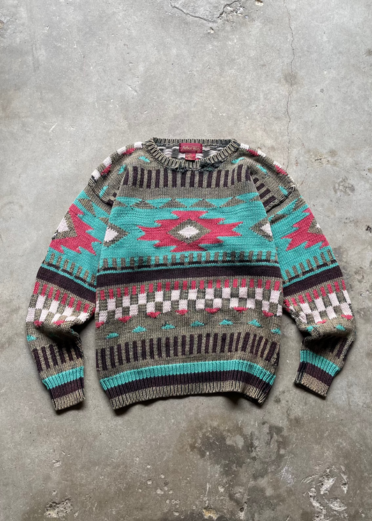 1990S PATTERNED KNIT DISTRESSED SWEATER - L
