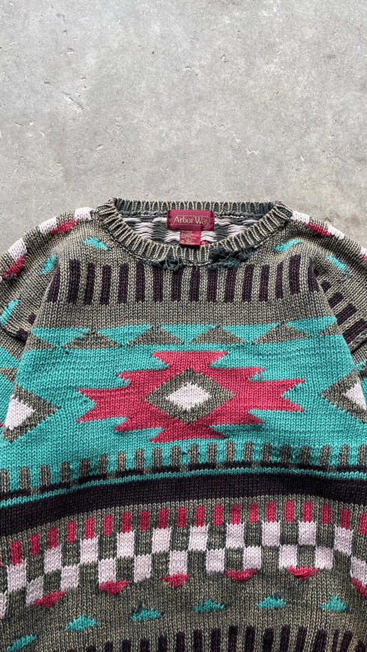 1990S PATTERNED KNIT DISTRESSED SWEATER - L