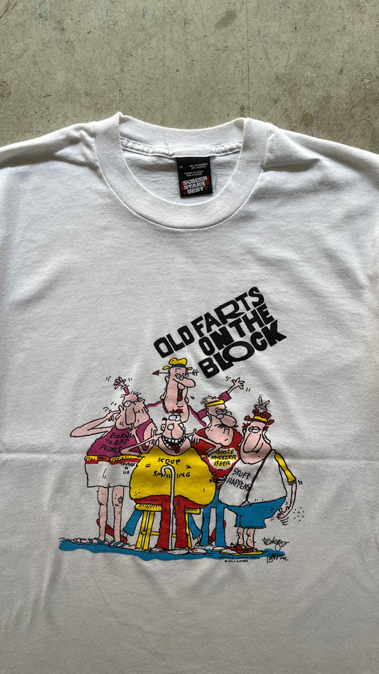 1990S "OLD FARTS ON THE BLOCK" WHITE TEE - L