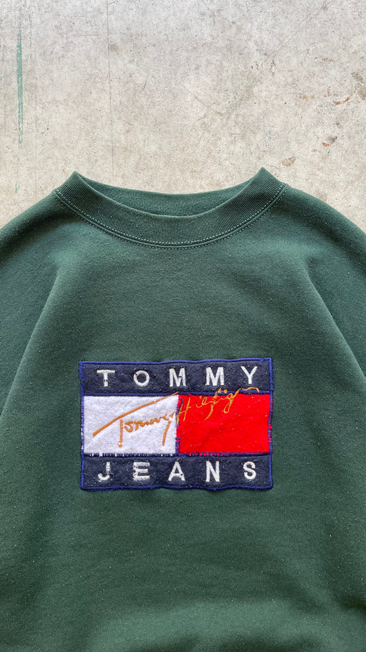 1990S TOMMY HILFIGER GREEN SWEATSHIRT - L