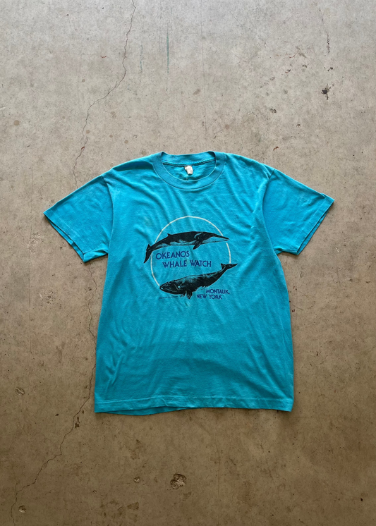 1980S "WHALE WATCH" MONTAUK NEW YORK BABY BLUE TEE - L