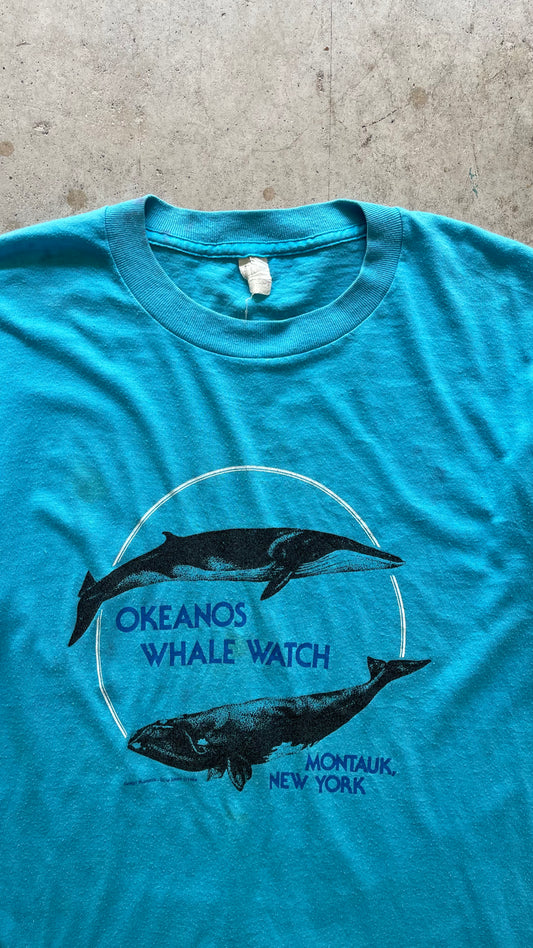 1980S "WHALE WATCH" MONTAUK NEW YORK BABY BLUE TEE - L