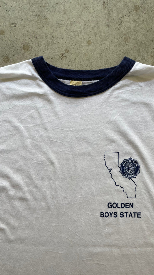1980S "GOLDEN BOYS STATE" WHITE RINGER TEE - L