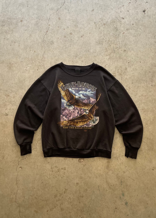 1980S 3D EMBLEM "HARLEY DAVIDSON" FADED BLACK SWEATSHIRT - L