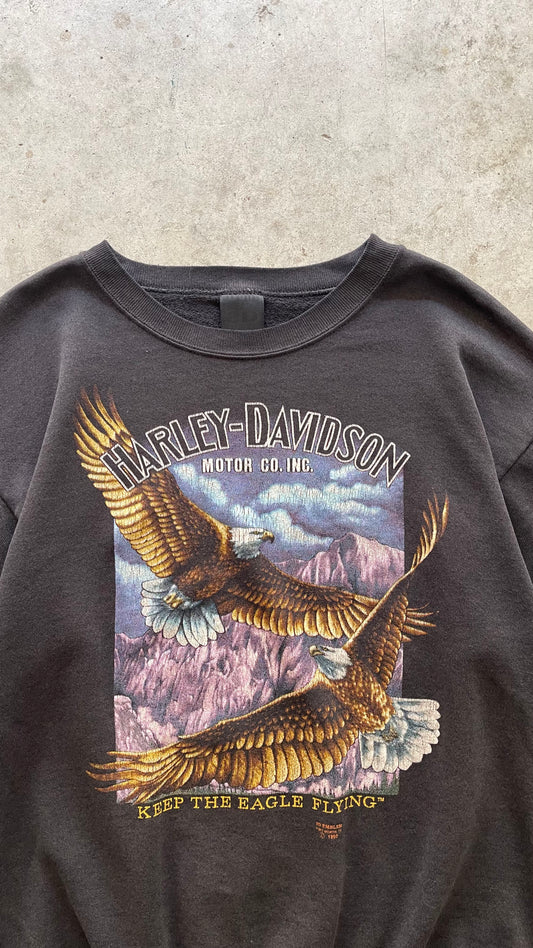 1980S 3D EMBLEM "HARLEY DAVIDSON" FADED BLACK SWEATSHIRT - L