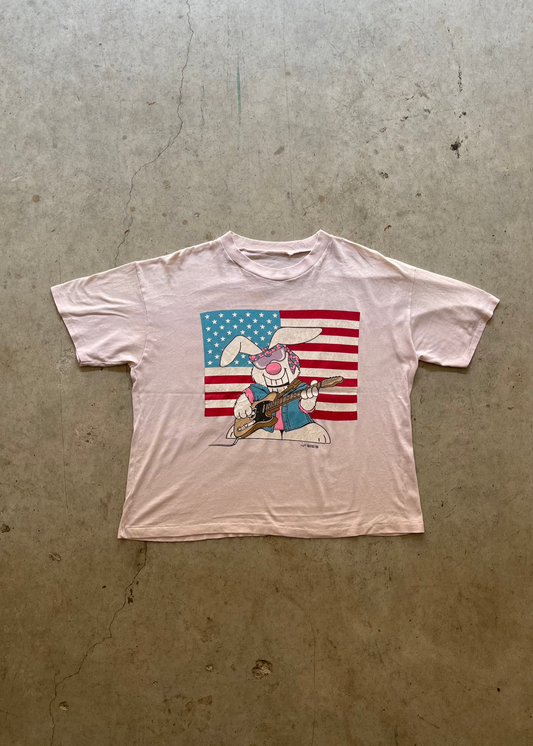 1990S "RABBIT GUITAR" BOXY PINK TEE - L