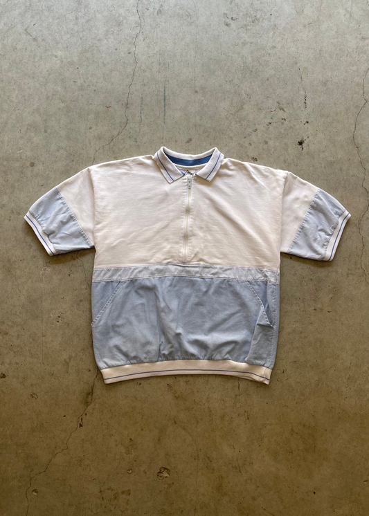 1990S STRIPPED SHORT SLEEVE BUTTON UP WHITE/BLUE - XL