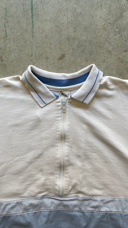 1990S STRIPPED SHORT SLEEVE BUTTON UP WHITE/BLUE - XL
