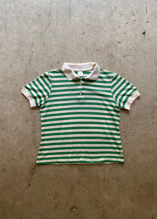 1990S GREEN STRIPES SHORT SLEEVES BUTTON UP - L WOMENS
