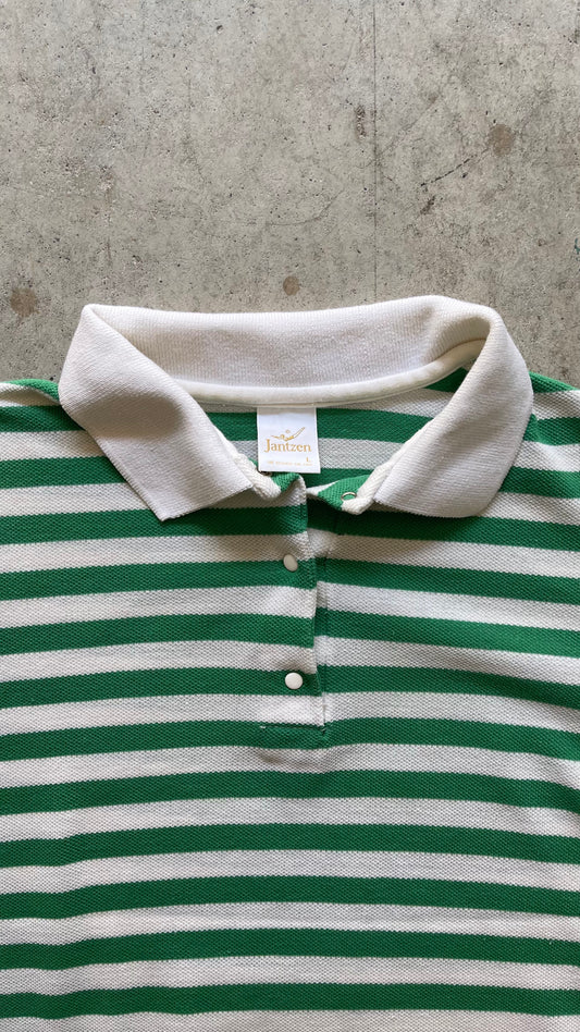 1990S GREEN STRIPES SHORT SLEEVES BUTTON UP - L WOMENS