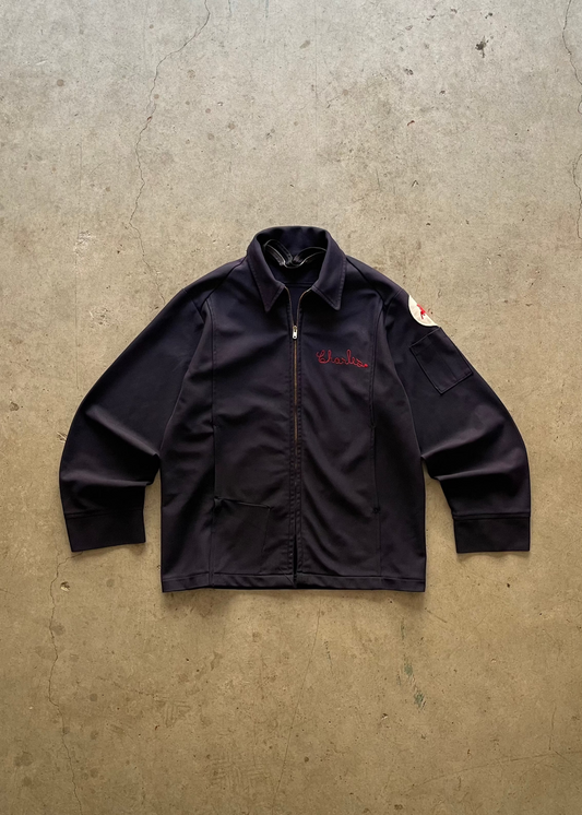 1980S CHAIN STITCH ZIP UP NAVY JACKET - L