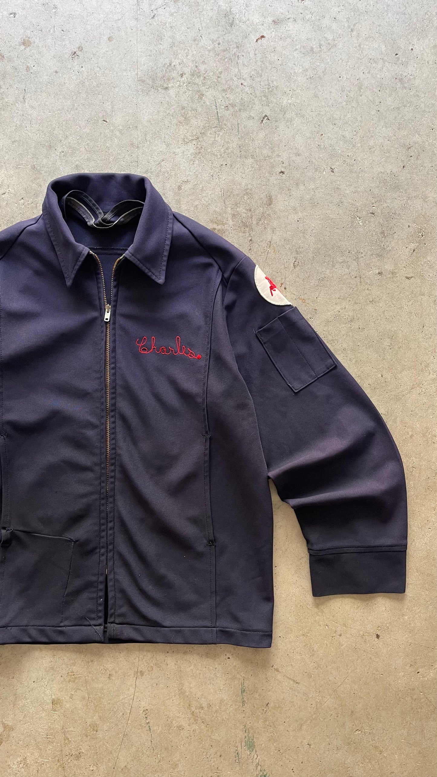 1980S CHAIN STITCH ZIP UP NAVY JACKET - L