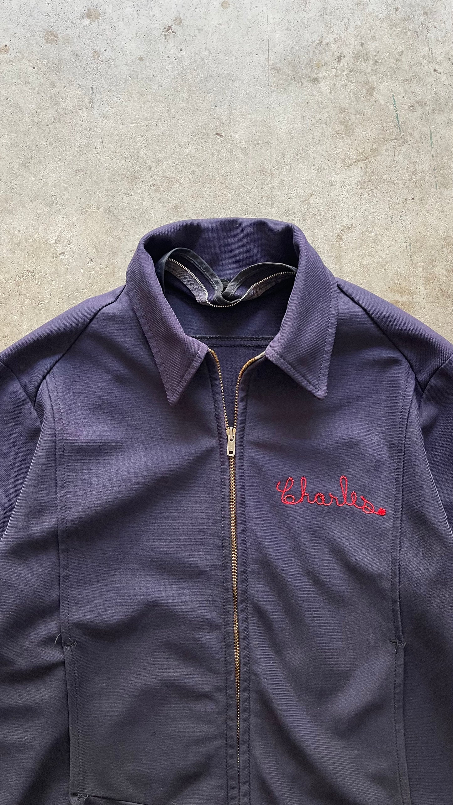 1980S CHAIN STITCH ZIP UP NAVY JACKET - L