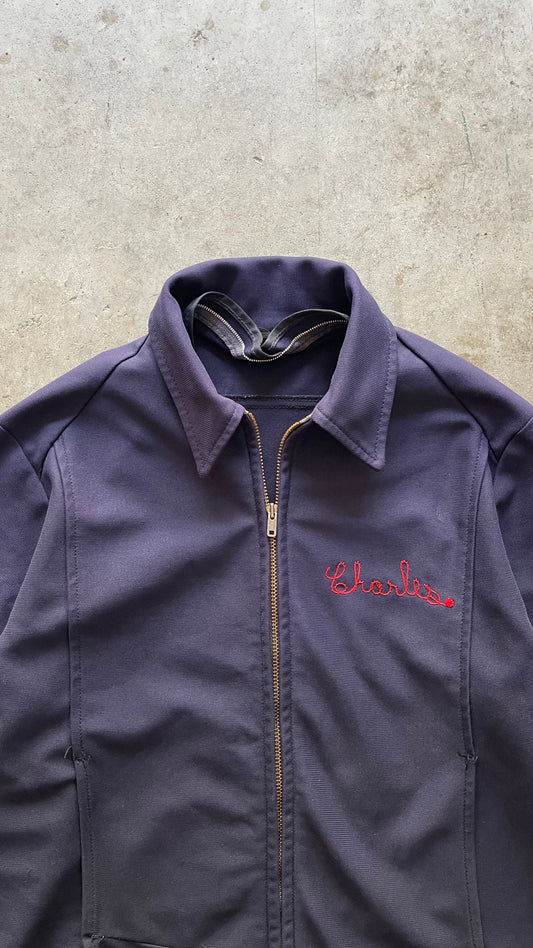 1980S CHAIN STITCH ZIP UP NAVY JACKET - L