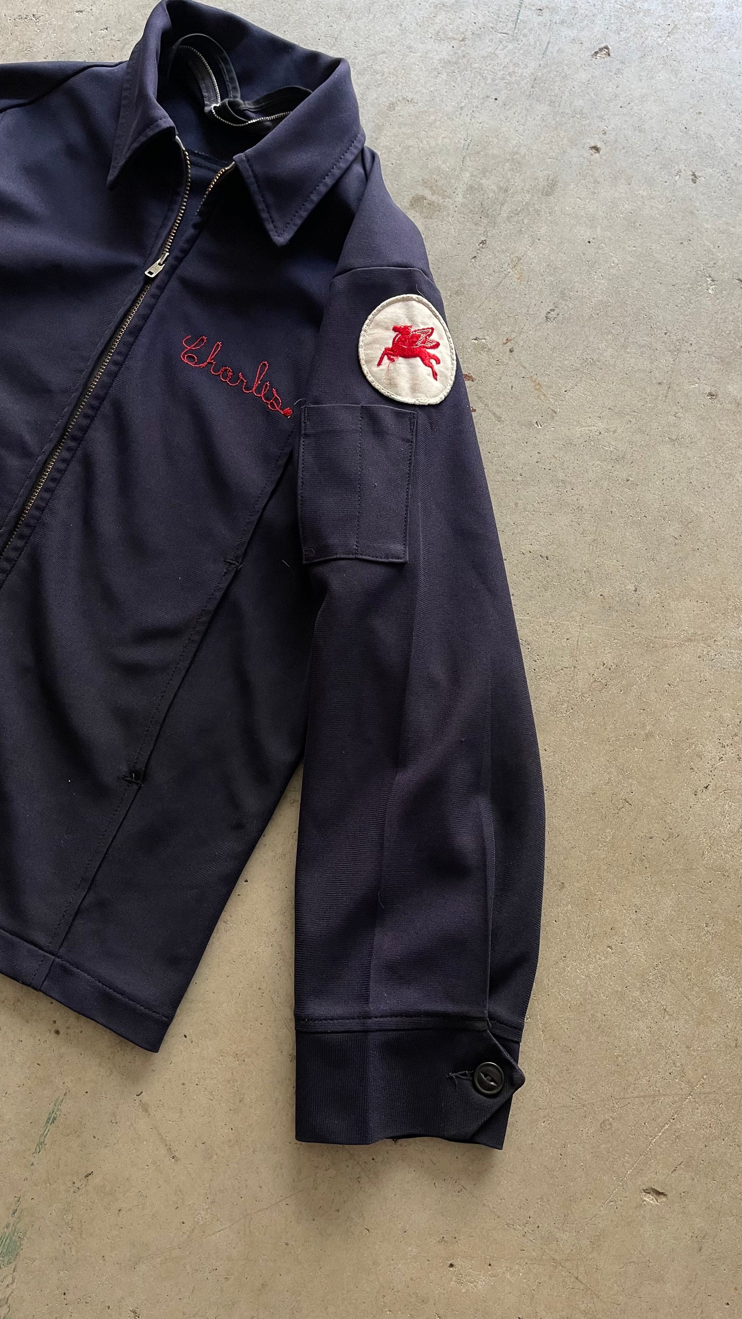 1980S CHAIN STITCH ZIP UP NAVY JACKET - L
