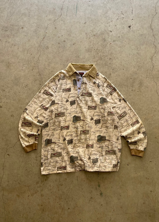 2000S "MAP" BUTTON UP LONG SLEEVE SWEATSHIRT - L