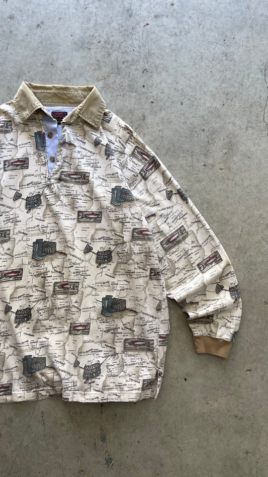 2000S "MAP" BUTTON UP LONG SLEEVE SWEATSHIRT - L