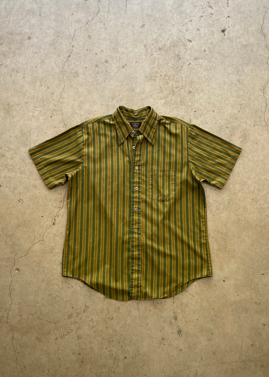 1970S GREEN STRIPED SHORT SLEEVE BUTTON UP - L