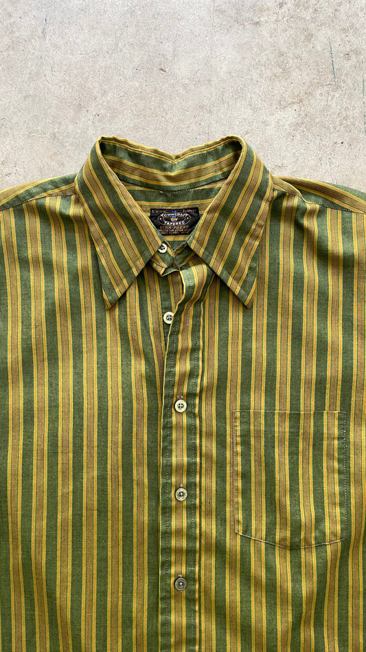 1970S GREEN STRIPED SHORT SLEEVE BUTTON UP - L