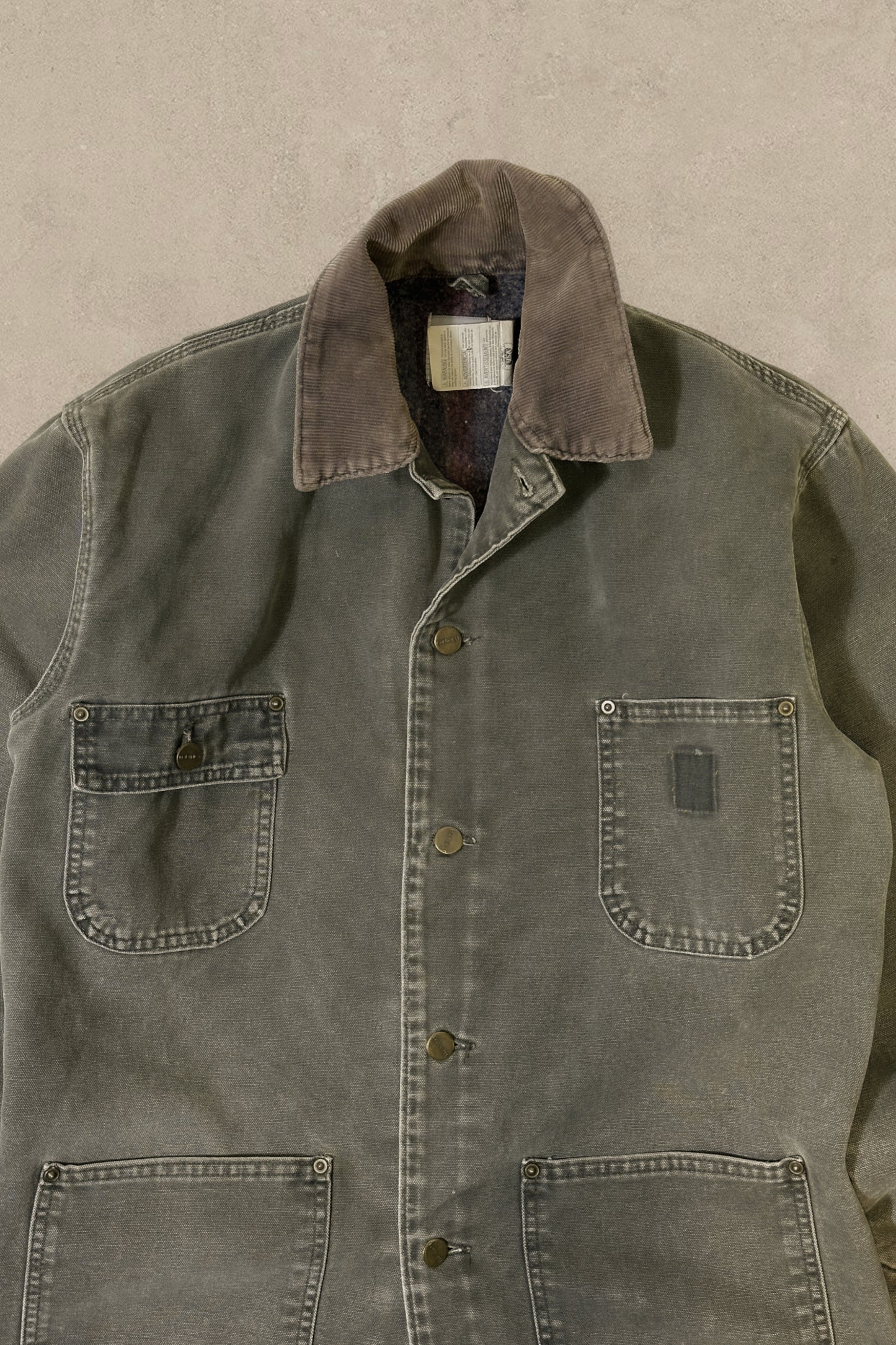 1990S - GREEN FADED CARHARTT CHORE JACKET - S