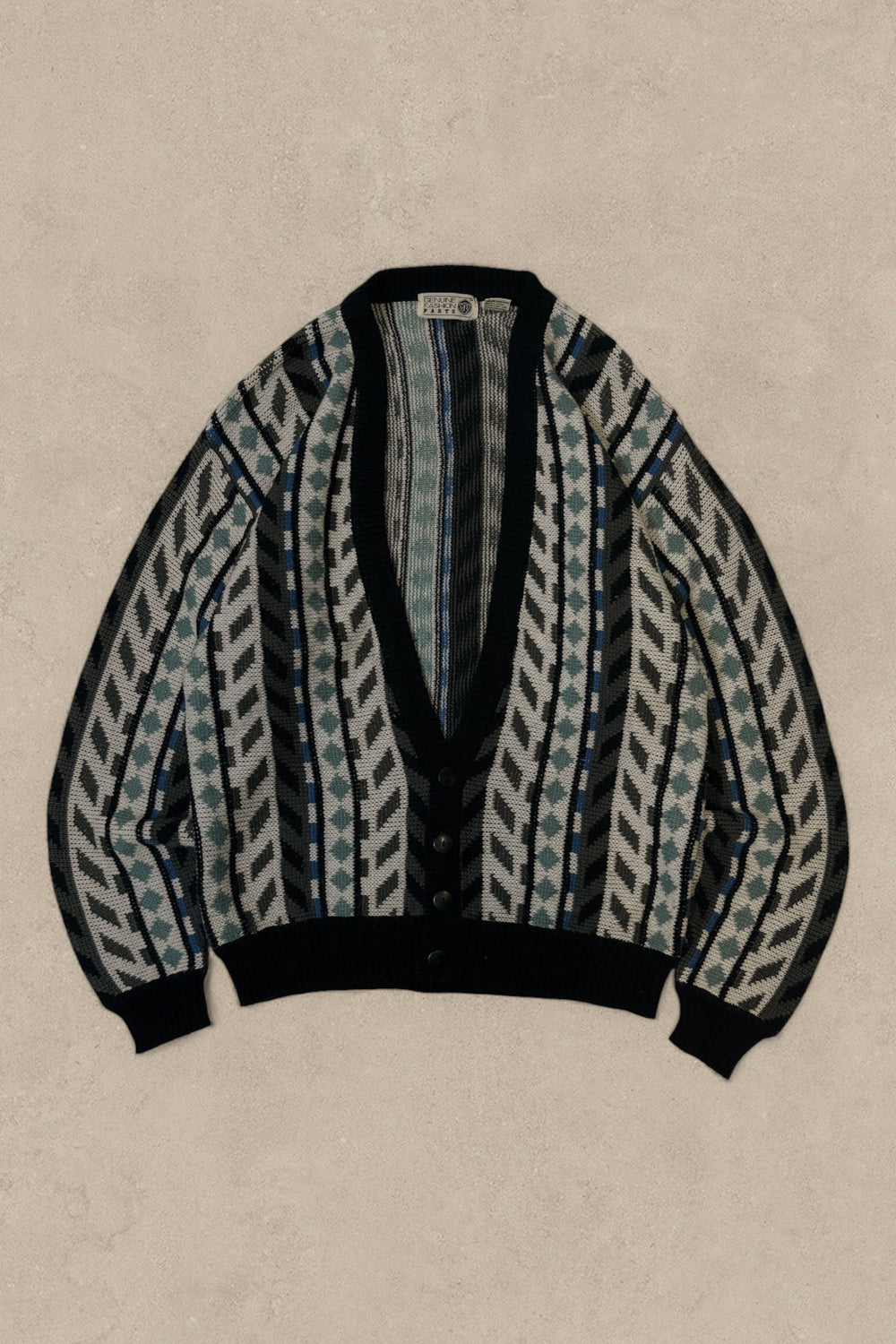 1990S - TEAL/CREAM CARDIGAN SWEATER - M