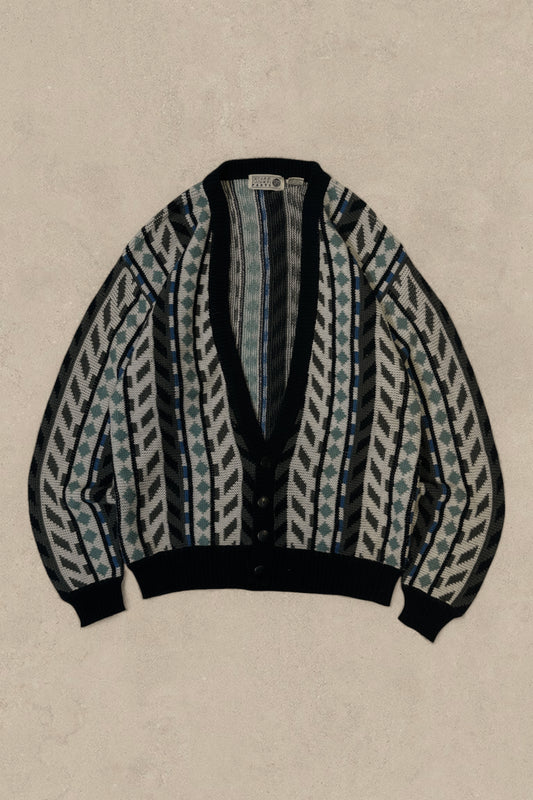 1990S - TEAL/CREAM CARDIGAN SWEATER - M