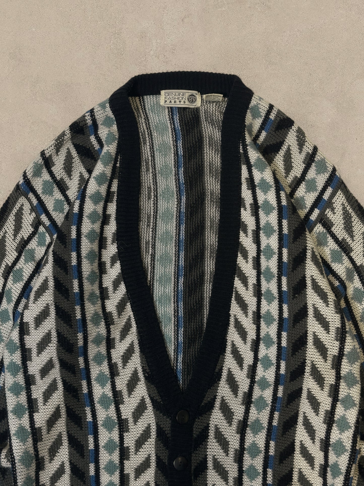 1990S - TEAL/CREAM CARDIGAN SWEATER - M