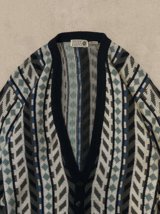 1990S - TEAL/CREAM CARDIGAN SWEATER - M