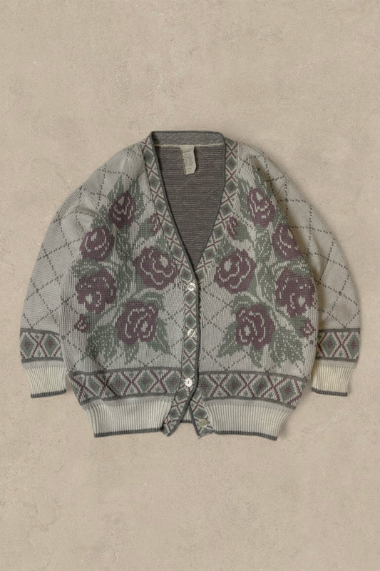 1990S - CREAM/PURPLE FLORAL CARDIGAN SWEATER - XL